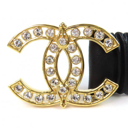 Chanel CC Logo Rhinestone Buckle Leather Rubber Belt Black Gold