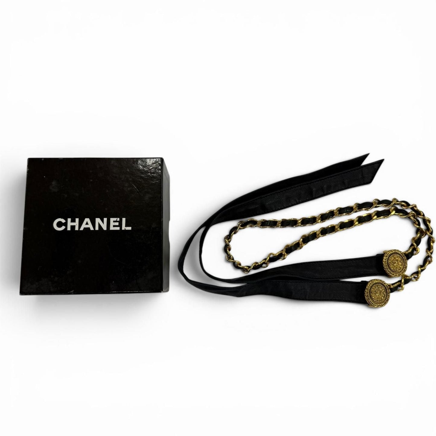 Chanel Vintage CC Logo Chain Leather Ribbon Belt Black Gold