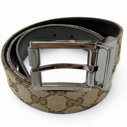 Gucci Leather GG Canvas Silver Square Hapi Buckle Reversible Belt Beige Black
