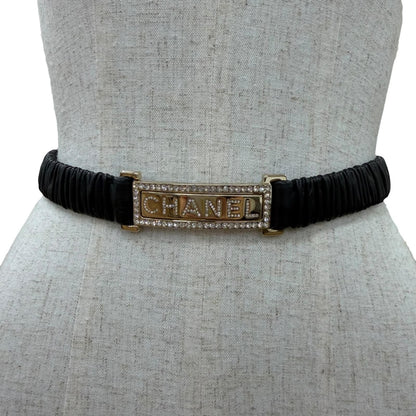 Chanel 23c Logo Buckle Rhinestone Leather Belt Black Gold