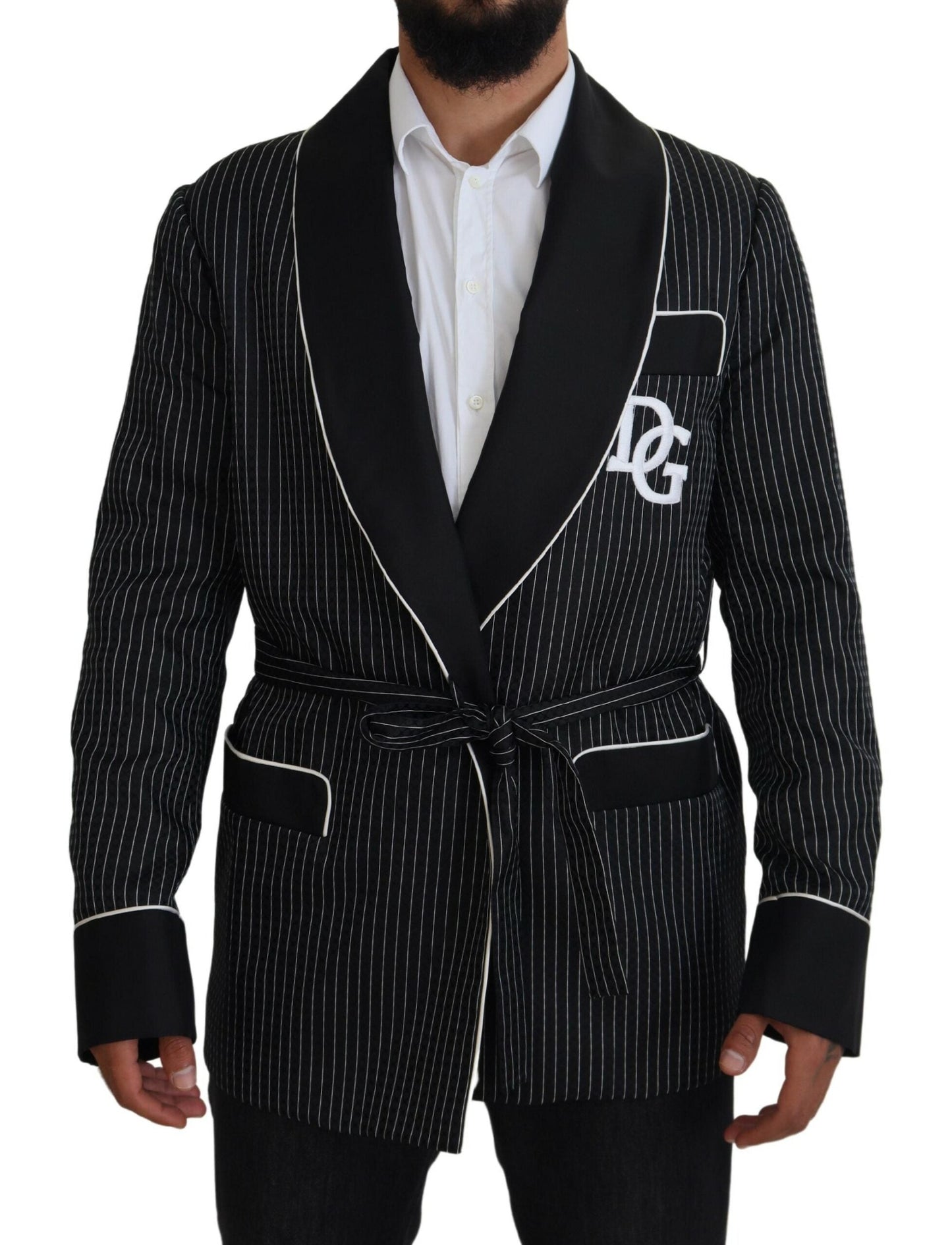 Dolce & Gabbana Dark Gray Robe Striped DG Patch Jacket Men Blazer