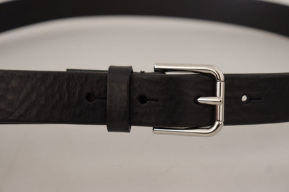 Dolce & Gabbana Black Calf Leather Silver Tone Logo Metal Buckle Belt