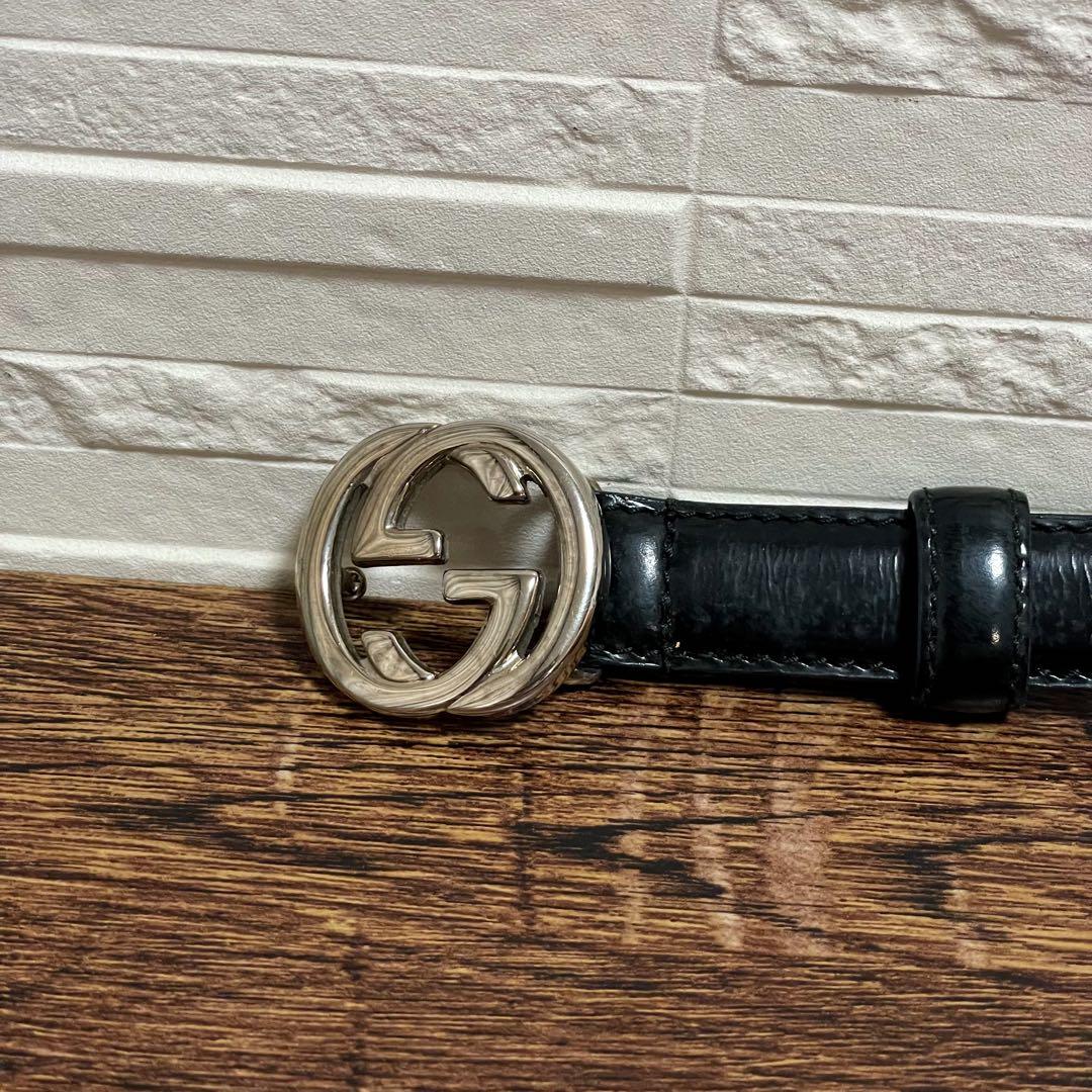 Gucci GG Interlocking Buckle Leather Belt Silver Black